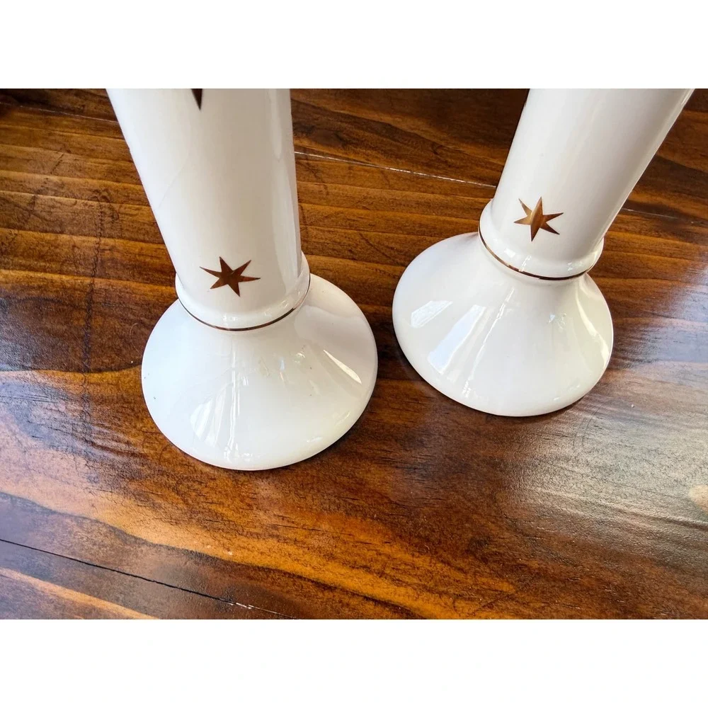 White Ceramic Gold Star Taper Candle Holders‎ Set of 2 Style 07-6867L Celestial